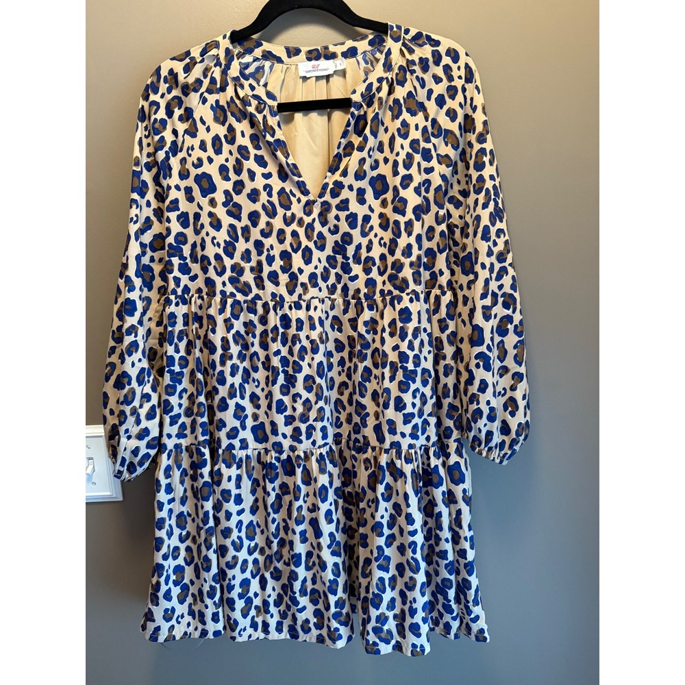 Vineyard Vines Blue Leopard Animal Print Tiered Mini Dress Womens Small